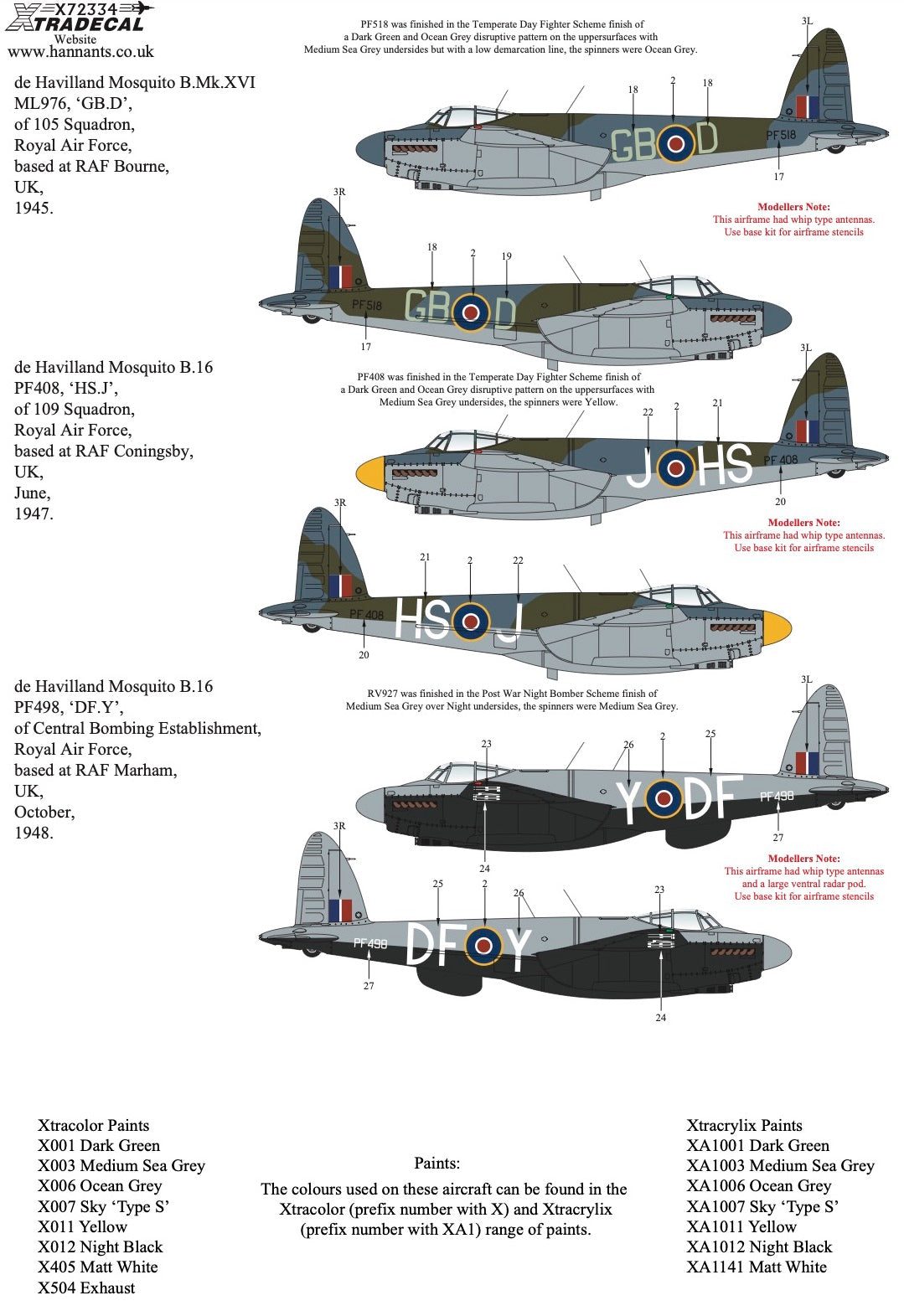 Xtradecal 72334 1:72 de Havilland Mosquito B.Mk.XVI Collection