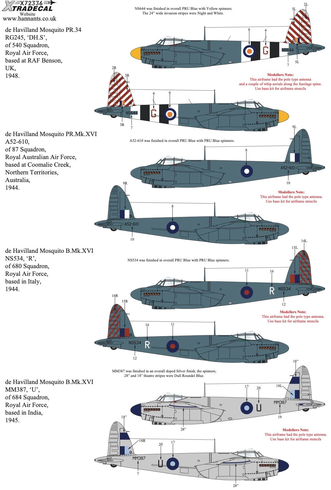 Xtradecal 72336 1:72 de Havilland Mosquito B.Mk.XVI & PR.34 Collection