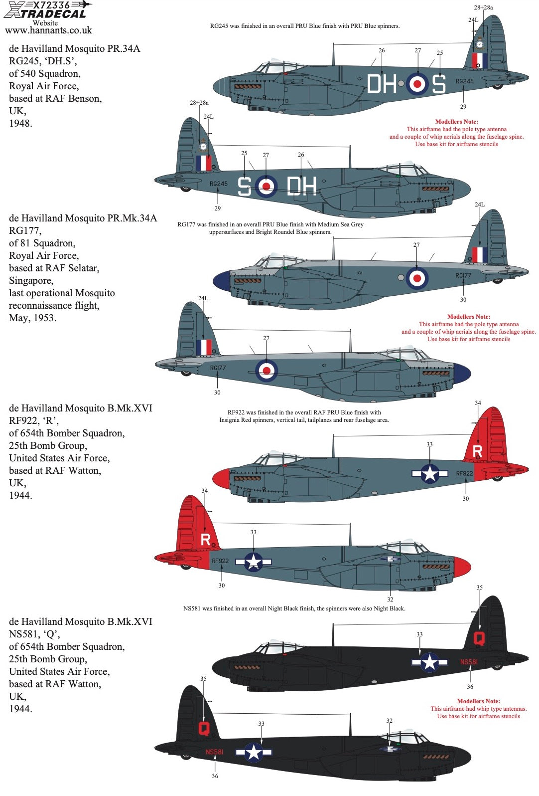 Xtradecal 72336 1:72 de Havilland Mosquito B.Mk.XVI & PR.34 Collection