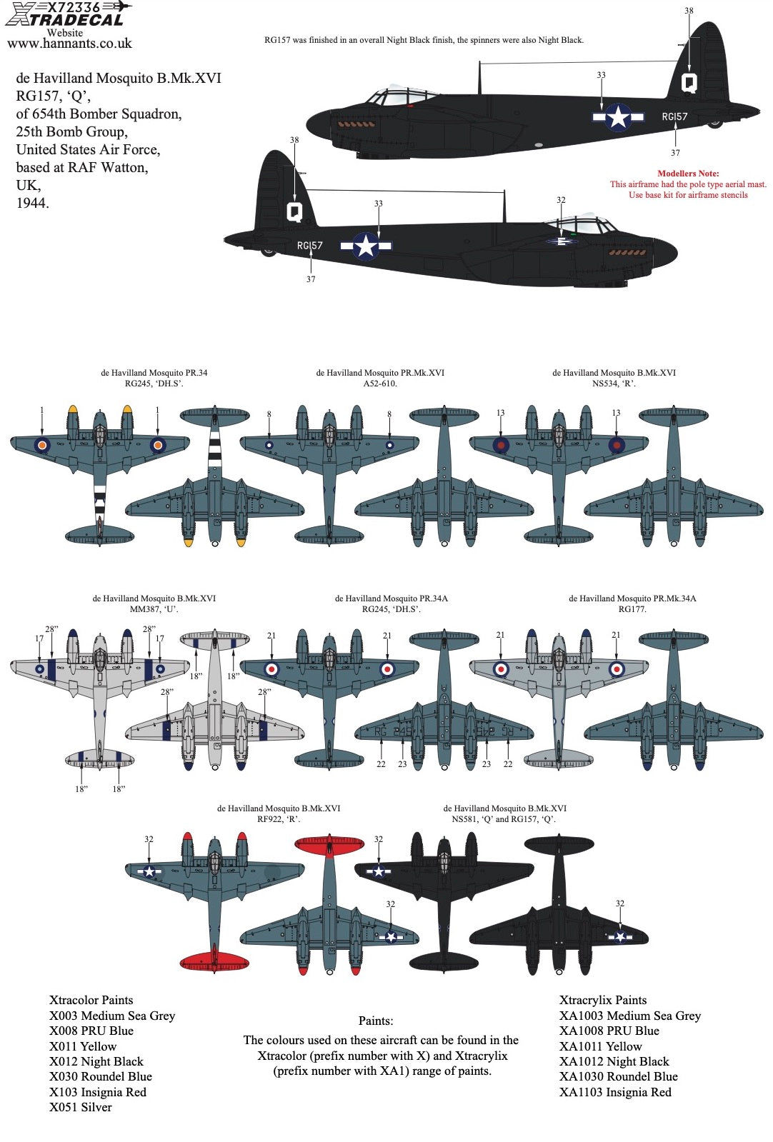 Xtradecal 72336 1:72 de Havilland Mosquito B.Mk.XVI & PR.34 Collection