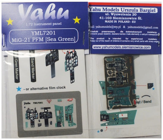 Yahu Models YML7201 1:72 Mikoyan MiG-21 PFM (Sea Green) high quality, colour printed, etched cockpit instrument panel