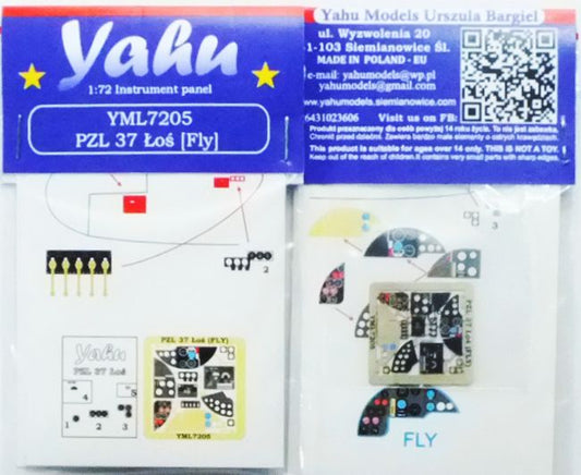 Yahu Models YML7205 1:72 PZL PZL P.37A/PZL PZL P.37B Los etched cockpit instrument panel