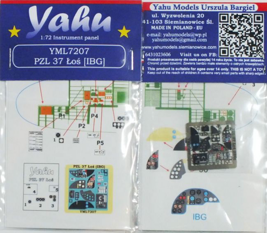 Yahu Models YML7207 1:72 PZL P.37A/PZL P.37B Los etched cockpit instrument panel