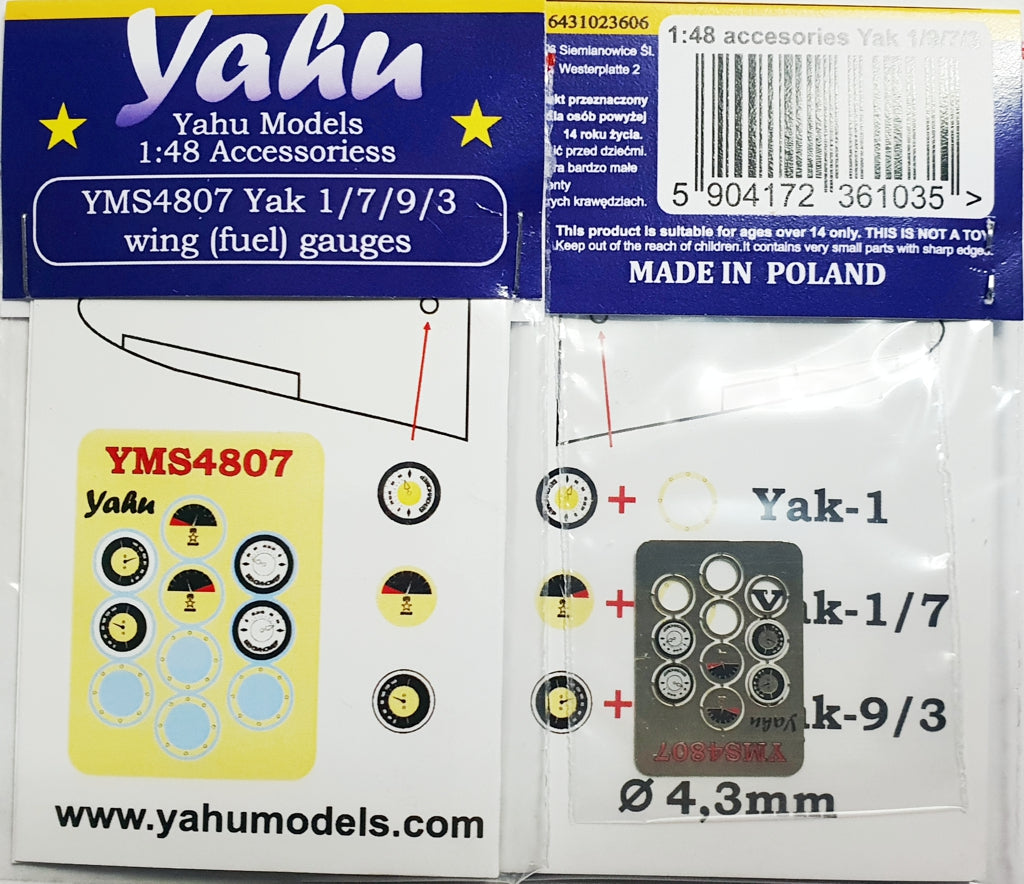 Yahu Models YMS4807 1:48 Yakovlev Yak-1/Yak-3/Yak-7/Yak-9 wing (fuel) gauges