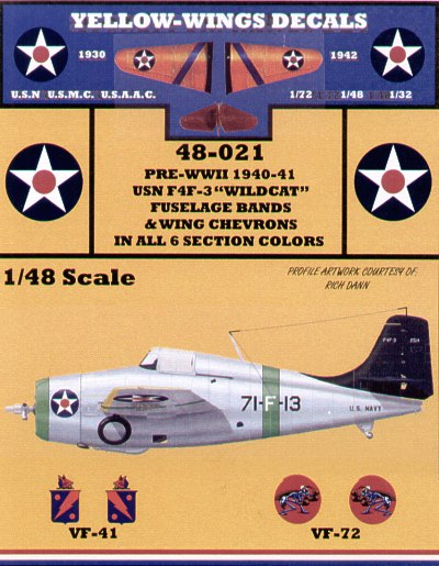 Yellow Wings 48021 1:48 Grumman F4F-3 Wildcat Pre-WWII 1940-41 Fuselage Bands and Wing Chevrons