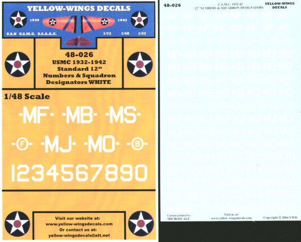 Yellow Wings 48-026 1:48 USMC Squadron Designators and Standard 12' Numbers White