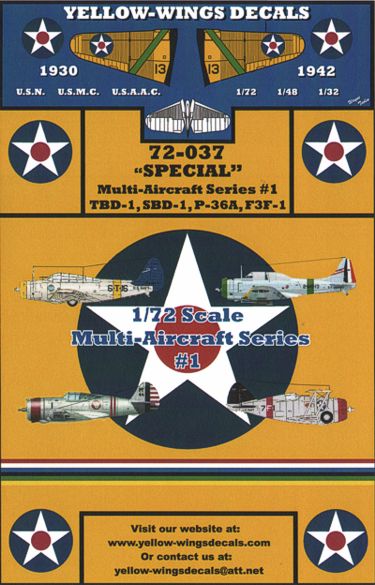 Yellow Wings 72-037 1:72 Multi-Aircraft Series #1, Douglas TBD-1, Douglas SBD-1, Grumman F3F-1 and Curtiss P-36A
