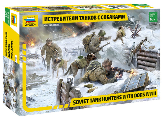 Zvezda 3611 1:35 WWII Soviet Tank Hunters with Dogs. (3 x Figures, 3 x Dogs)
