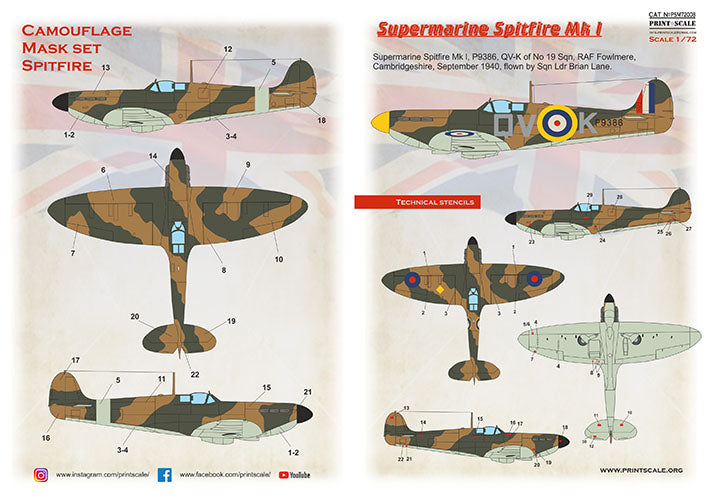 Print Scale PSM72008 1:72 Supermarine Spitfire Mk.I Paint Mask & Decals