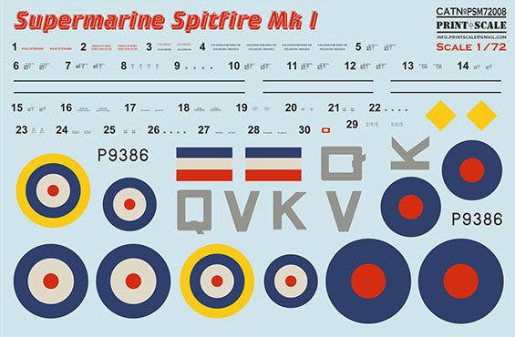 Print Scale PSM72008 1:72 Supermarine Spitfire Mk.I Paint Mask & Decals