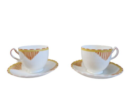 2 x Allertons Bone China Retro Orange Red Teacup and Saucers