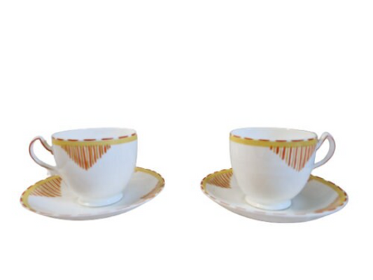 2 x Allertons Bone China Retro Orange Red Teacup and Saucers