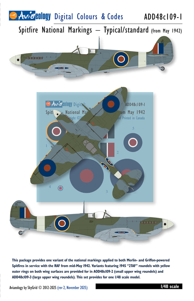 Aviaeology ADD48C109-1 1:48 Spitfire National Markings – Standard 1942 to early January 1945