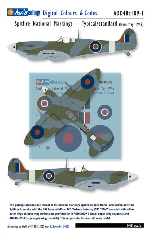 Aviaeology ADD48C109-1 1:48 Spitfire National Markings – Standard 1942 to early January 1945