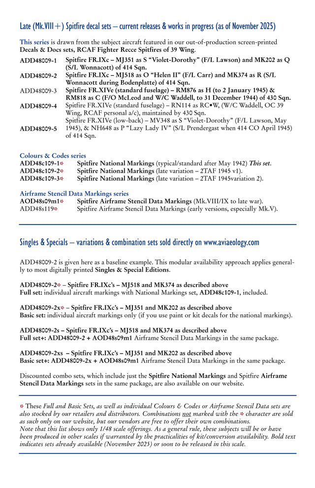 Aviaeology ADD48C109-1 1:48 Spitfire National Markings – Standard 1942 to early January 1945
