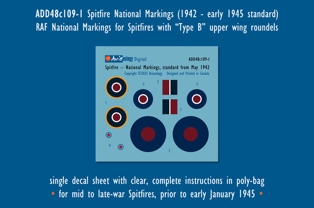 Aviaeology ADD48C109-1 1:48 Spitfire National Markings – Standard 1942 to early January 1945