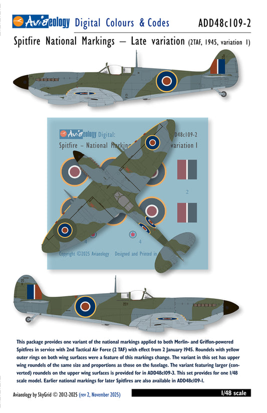 Aviaeology ADD48C109-2 1:48 Spitfire National Markings – Late (2 TAF, 1945, variation 1)